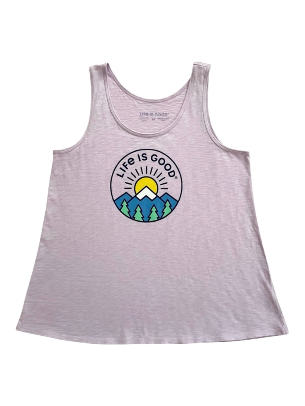 Life Is Good Lilac Mountain Sunrise Graphic Tank Top Women’s M Slub Cotton